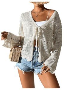 Floerns Women's Tie Front Crochet Lightweight Long Sleeve Cardigan Sweaters Boho Beach Hollow Out Lace Cover Up Beige Small