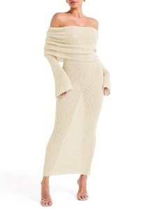 Saodimallsu Womens Off Shoulder Summer Maxi Dress Bell Long Sleeve Sexy Bodycon Strapless Sheer Beach Swimsuit Coverup