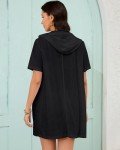 Bsubseach Women's Terry Cloth Swim Cover Up Zipper Hooded Swimsuit Coverup Short Sleeve Beach Coverup with Pockets Black L