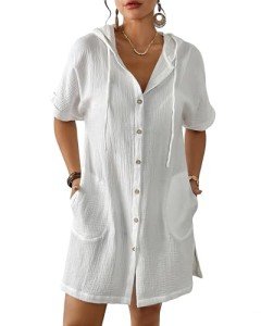 Bsubseach Cotton Swimsuit Cover Up For Women Button Down Hooded Shirt Short Sleeve Beach Cover Up With Pockets White XXL