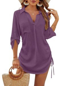 Blooming Jelly Womens Bathing Suit Cover Ups Bikini Swimsuit Coverup Drawstring Beach Dress Shirt(X-L, Purple)