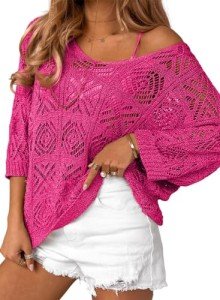Dokotoo Women's 2025 Spring Summer Crochet Hollow Out 3/4 Sleeve Pullover Sweater Off Shoulder T-Shirts Off Shoulder Sweater Bathing Suit Cover Up for Women Rose Red XX-Large