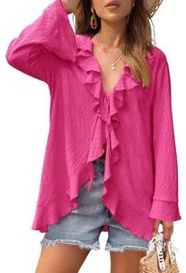 MEROKEETY Women's 2024 Summer Swimsuit Bikini Cover Up Casual Loose Long Sleeve Tie Front Ruffle Kimono Blouse Tops, HotPink, Large