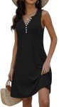 Beach Dresses for Women 2025 Vacation Swim Cover up V-Neck Summer Dress Button Down Sleeveless Boho Floral Sundress(L.Black)