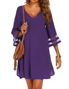Ekouaer Women's Beach Coverups 3/4 Mesh Sleeve Bathing Suit Cover Ups Beachwear Loose Fit Swimwear Beach Dress Deep Purple