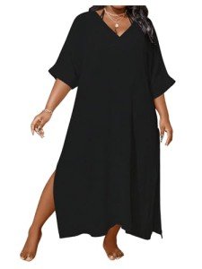 WDIRARA Women's Plus Size Swimwear V Neck Half Sleeve Split Side Cover Up Beach Dress Black 4X-Large Plus