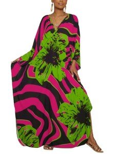 Bsubseach Kaftan Dresses for Women 2025 Plus Size Beach Swimsuit Cover Up V Neck Caftan Dress Loungewear Rose Pink Green Flowers