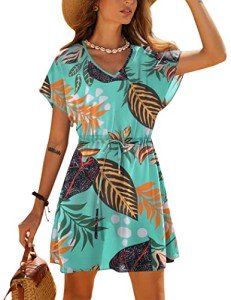 Ekouaer Women's Cover Ups Casual Swimsuit Coverups Flowy Tie Waist Beach Cover Up Dress(Green Black Leaf, Medium)