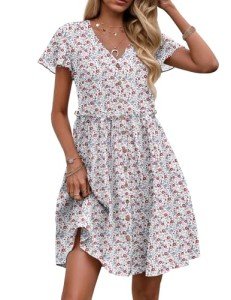 Zeagoo Womens Summer Casual 2025 Cotton Linen A Line Cover Up Shift Dress Spring Flutter Sleeve Button Up Dress with Pockets 2025 V Neck Midi Short Flowy Mini Beach Dress Floral Red S