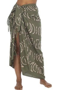 Back From Bali Womens Print Khaki Green Sarong Coverup Swimsuit Pareo with Boho Fringe & Coconut Clip - Wrap Skirt or Beach Shawl