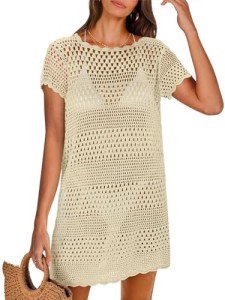 ANRABESS Women Swimsuit Crochet Swim Cover Up Summer Bathing Suit Swimwear Knit Short Sleeve Pullover 2025 Beach Dress Large Beige