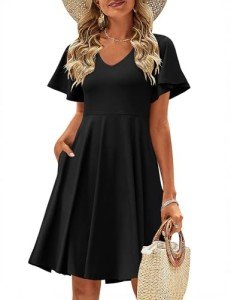 Zeagoo Womens Cover Up Beach Dress Casual Summer Dresses Floral Swing V Neck Swing Ruffle Short Sleeve Sundresses Hawaiian Dress 2025 with Pockets Tshirt Dress Black