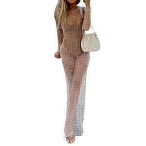 Honganda Sexy Women's Sheer Mesh Pearl Rhinestone Cover Up Dress Beach Swimwear Bikini Bathing Suit Coverups (White, XXL)