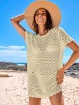 ANRABESS Women Swimsuit Crochet Swim Cover Up Summer Bathing Suit Swimwear Knit Short Sleeve Pullover 2025 Beach Dress Large Beige