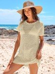 ANRABESS Women Swimsuit Crochet Swim Cover Up Summer Bathing Suit Swimwear Knit Short Sleeve Pullover 2025 Beach Dress Large Beige