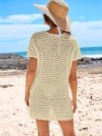 ANRABESS Women Swimsuit Crochet Swim Cover Up Summer Bathing Suit Swimwear Knit Short Sleeve Pullover 2025 Beach Dress Large Beige