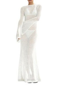 Saodimallsu Womens Crochet Cover Ups Long Sleeve Sexy Mesh Backless Knit Swimsuit Coverup Beach Maxi Dress White