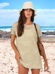 ANRABESS Women Swimsuit Crochet Swim Cover Up Summer Bathing Suit Swimwear Knit Short Sleeve Pullover 2025 Beach Dress Large Beige