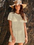 ANRABESS Women Swimsuit Crochet Swim Cover Up Summer Bathing Suit Swimwear Knit Short Sleeve Pullover 2025 Beach Dress Large Beige
