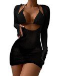 Lilosy Sexy Long Sleeve Mesh Sheer Beach Swim Cover Up Dress Bikini 3 Piece Women Drawstring Swimwear Swimsuit String Bathing Suit Set Fishnet Solid Black Medium