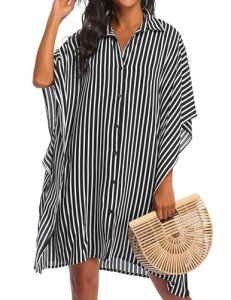 Ekouaer Women Bathing Suit Coverups Pool Cover Up Shirt Beachwear Stripe Swim Cover for Beach,X-Large