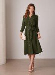 GRACE KARIN Dress for Women 3/4 Sleeve Button Down Dress V Neck Casual Shirt Cover up Dress Army Green S