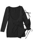 Lilosy Sexy Long Sleeve Mesh Sheer Beach Swim Cover Up Dress Bikini 3 Piece Women Drawstring Swimwear Swimsuit String Bathing Suit Set Fishnet Solid Black Medium
