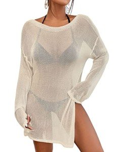Bsubseach Crochet Swimsuit Coverup for Women Sheer Bathing Suit Cover Ups Kintted Swimwear Bikini Beach Vacation Outfits Apricot S