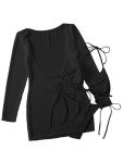 Lilosy Sexy Long Sleeve Mesh Sheer Beach Swim Cover Up Dress Bikini 3 Piece Women Drawstring Swimwear Swimsuit String Bathing Suit Set Fishnet Solid Black Medium