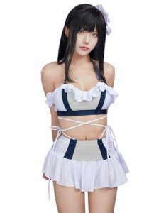haikyuu Women Fantasy Cosplay Swimsuit Anime Two Piece Bathing Suit with Head Accessory Halter Top and Skirt (US, Alpha, Small, Regular, Regular, Standard, White)