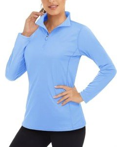 Boladeci Women Swim Shirt Long Sleeve Tops Sun Protection Clothing Quarter Zip Rash Guard for Women Light Blue Shirt women Swim Shirts 1/4 3/4 Zip Pullover Womens Golf Accessories Petite Ladies Attire