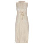 FYANRD Women Swimsuit Cover Up Summer Sleeveless Crochet Mesh Midi Bikini Swimwear Dress Beach Accessories (Beige, S)