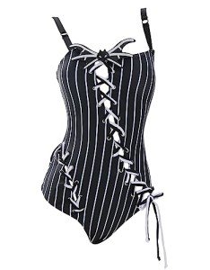 MEOWCOS Women's One Piece Swimsuits Gothic Black and White Striped Decoration Bathing Suit with Accessories