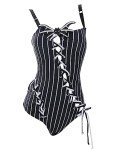 MEOWCOS Women's One Piece Swimsuits Gothic Black and White Striped Decoration Bathing Suit with Accessories