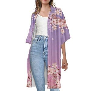 Ystardream Pink Cherry Blossom Swimsuit Coverup for Women Kimono Cardigan Beach Resort Wear Oversized Cardigans for Women Females Summer Spring Tops Beach Accessories Vacation Outfits XL