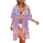 Ystardream Pink Cherry Blossom Swimsuit Coverup for Women Kimono Cardigan Beach Resort Wear Oversized Cardigans for Women Females Summer Spring Tops Beach Accessories Vacation Outfits XL