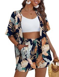 REDHOTYPE Women's 2 Piece Outfits Kimono Style Tropical Print Cover Ups Half Sleeve Blouse Shorts Set Summer Beachwear,Dark Flower 01,M