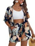 REDHOTYPE Women's 2 Piece Outfits Kimono Style Tropical Print Cover Ups Half Sleeve Blouse Shorts Set Summer Beachwear,Dark Flower 01,M