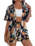 REDHOTYPE Women's 2 Piece Outfits Kimono Style Tropical Print Cover Ups Half Sleeve Blouse Shorts Set Summer Beachwear,Dark Flower 01,M