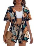 REDHOTYPE Women's 2 Piece Outfits Kimono Style Tropical Print Cover Ups Half Sleeve Blouse Shorts Set Summer Beachwear,Dark Flower 01,M