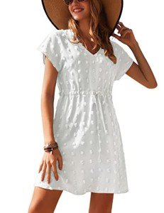 Ekouaer Women's Coverups Swiss Dots Bathing Suit Cover Up V Neck Beachwear with Drawstring A-White