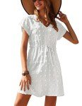 Ekouaer Women's Coverups Swiss Dots Bathing Suit Cover Up V Neck Beachwear with Drawstring A-White