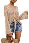 FERBIA Women Crochet Top Beach Cloth Drawstring Shirt Cover Up Oversized Sexy Beachwear Lace Up Tee Poncho (Apricot, Small)