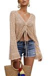 FERBIA Women Crochet Top Beach Cloth Drawstring Shirt Cover Up Oversized Sexy Beachwear Lace Up Tee Poncho (Apricot, Small)