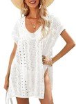 Dokotoo Women's Crochet Cover Up Swimwear Beachwear Swim Coverups for Women 2025 Scoop Neck Short Sleeve Mini Dress Crochet Dress White Small