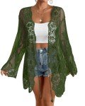 Bsubseach Womens 2025 Lace Kimono Lightweight Long Sleeve Open Front Back Cut Out Cardigan Tops Sheer See Through Beachwear Army Green