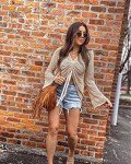 FERBIA Women Crochet Top Beach Cloth Drawstring Shirt Cover Up Oversized Sexy Beachwear Lace Up Tee Poncho (Apricot, Small)