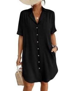 Bsubseach Swimsuit Coverup for Women Button Down Beach Swim Cover Up Shirt Dress Short Sleeve Summer Beachwear Black L