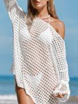 CUPSHE Women's Crochet Cover Up Cutout Drop Shoulder Long Sleeves Pullover Beachwear Bathing Suit 2025 White, XL