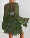 Bsubseach Womens 2025 Lace Kimono Lightweight Long Sleeve Open Front Back Cut Out Cardigan Tops Sheer See Through Beachwear Army Green